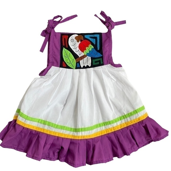 Mola Dress Parrot Design Handmade by Kuna from Panama Toddler Girl 24-36 Months - Picture 1 of 11